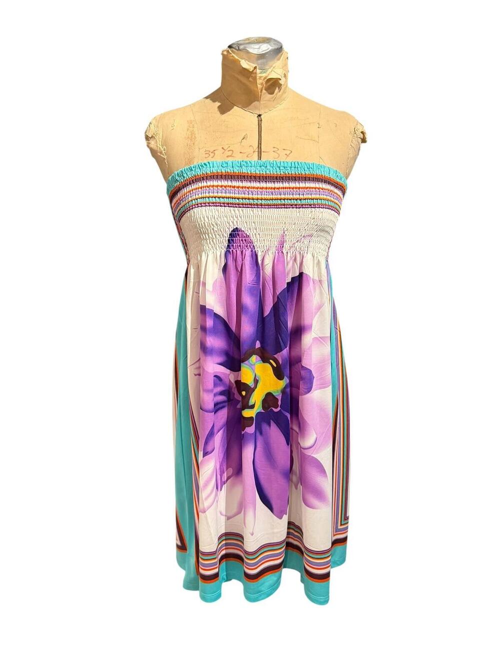 Cristina Love Strapless Smocked Dress with Large Purple Floral Print